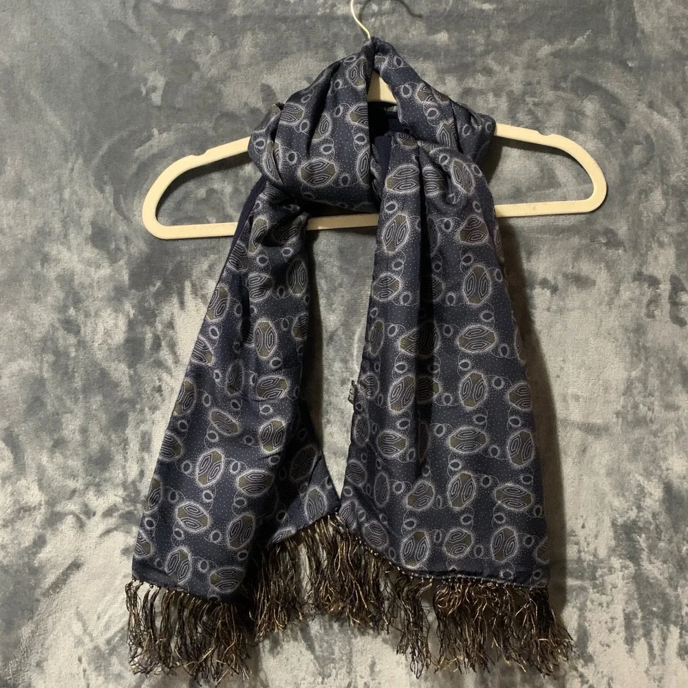 Barneys New York Scarf Mens Silk Wool Reversible Navy Blue Geometric Italy Made